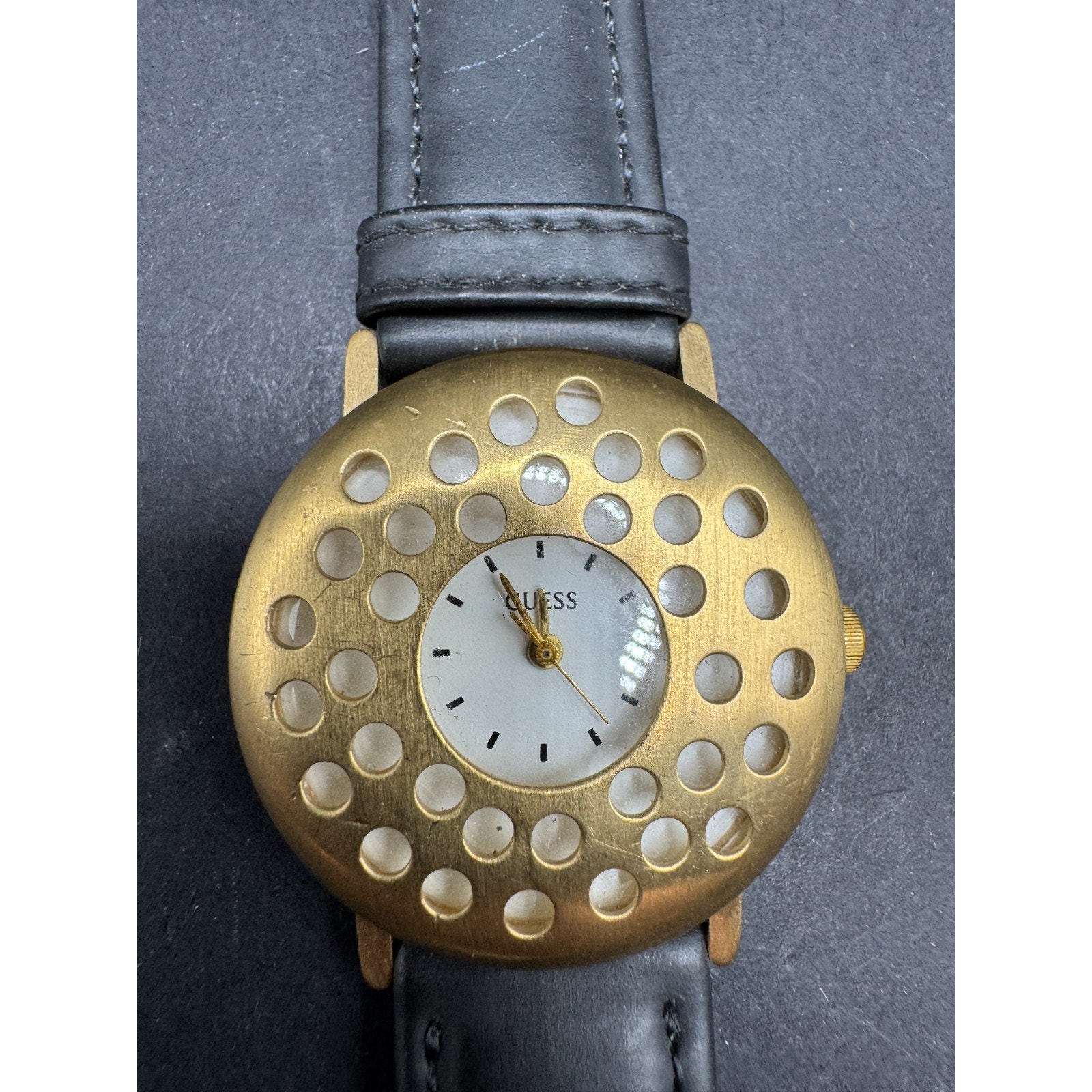 Guess Vintage Unisex Gold Tone Watch Circular Cutout Design Leather Strap 34mm